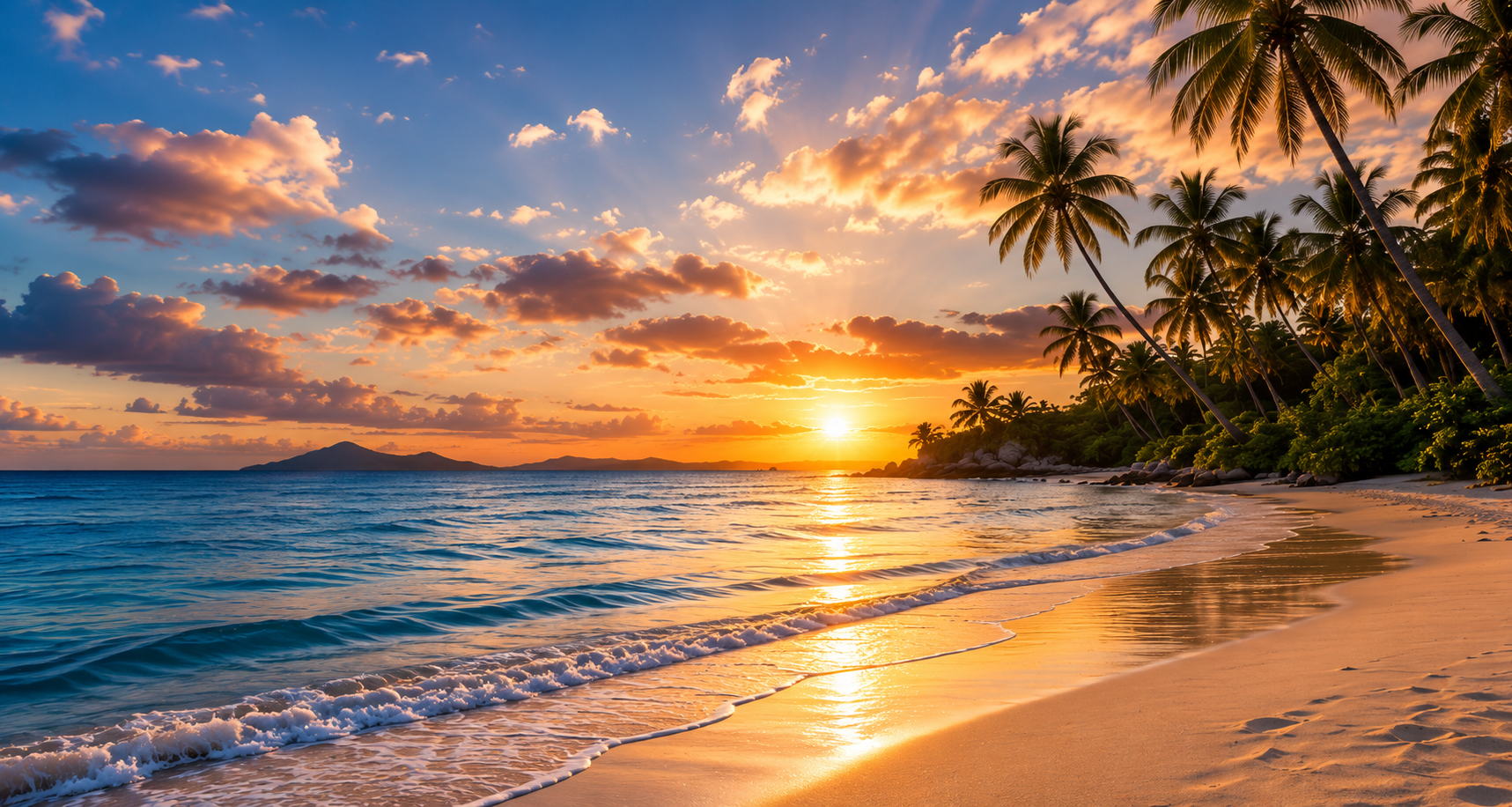 Tropical beach at sunset with palm trees