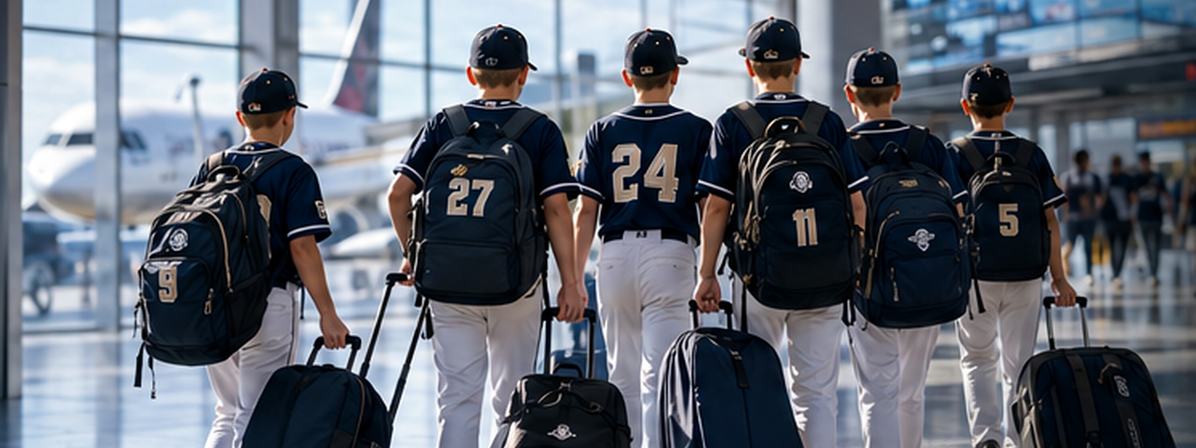 Youth baseball team traveling through an airport